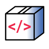 Simplified icon of a shipping box with code syntax printed on the near side