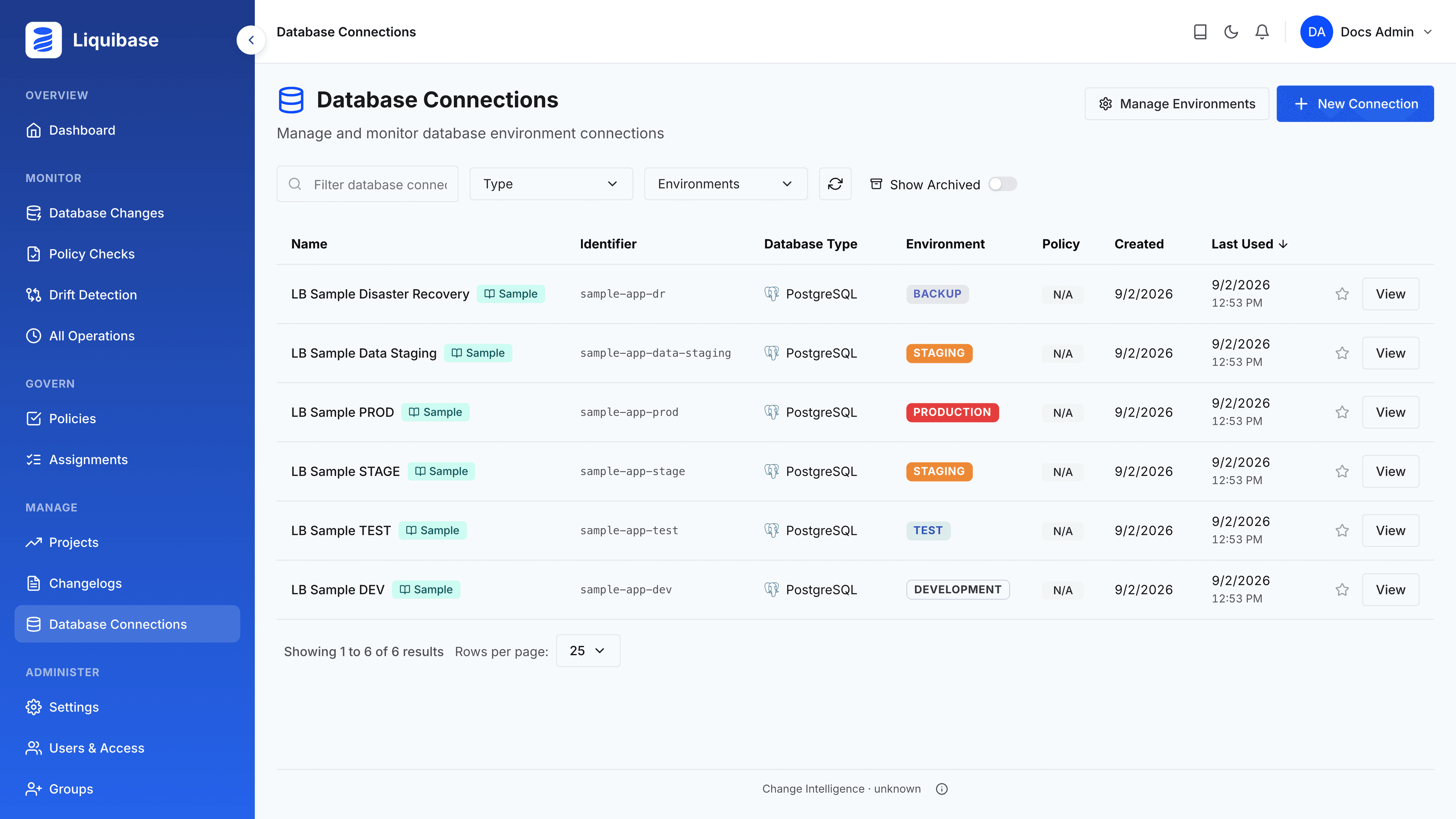The sample database connections
