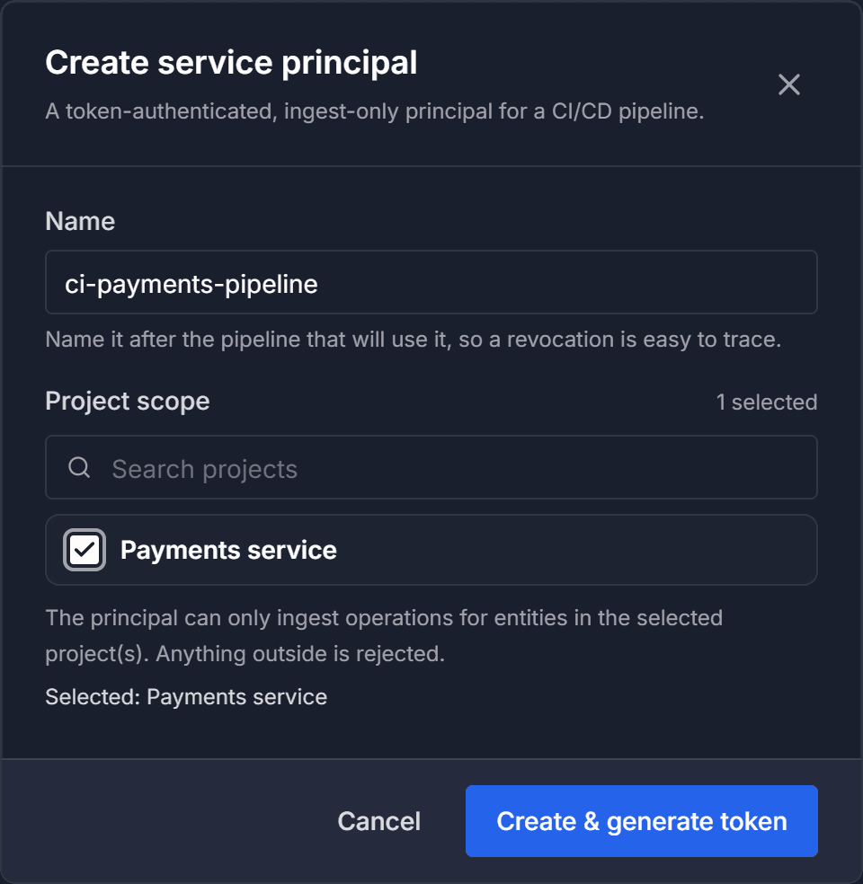 The completed Create service principal dialog