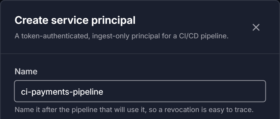 The Name field in the Create service principal dialog