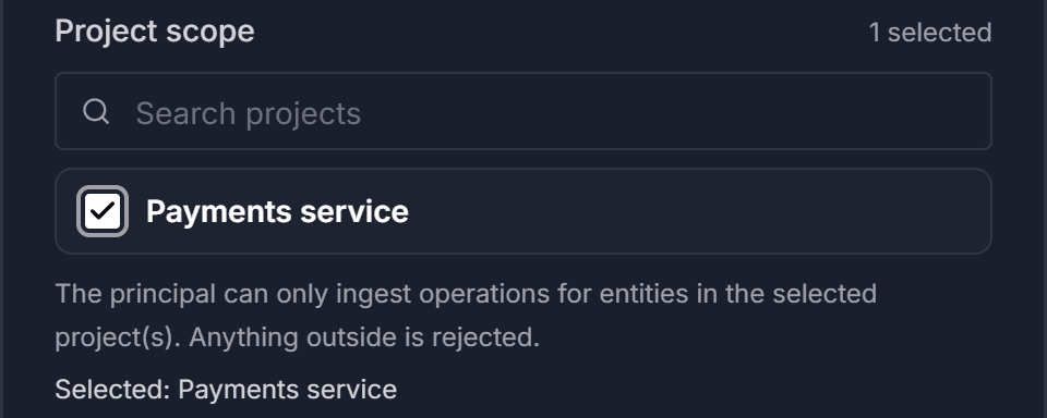 The Project scope list with one project selected