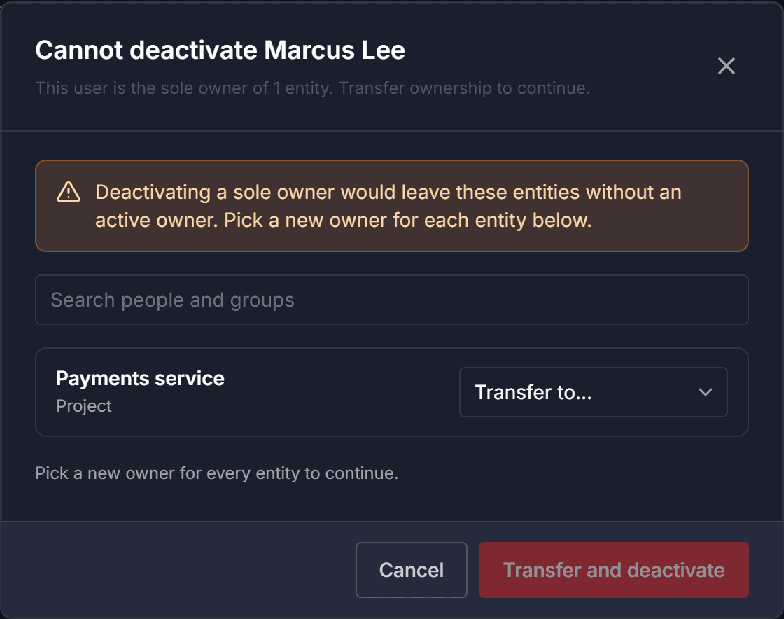 The Cannot deactivate dialog with a Transfer to selector for each owned entity