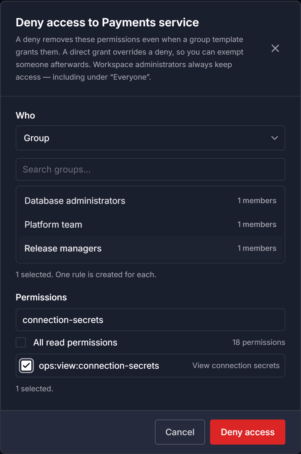 The Deny access dialog with a group and one permission selected