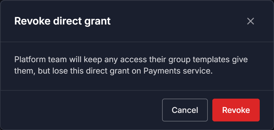 The Revoke direct grant confirmation dialog