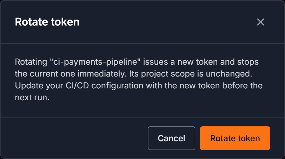 The Rotate token confirmation dialog