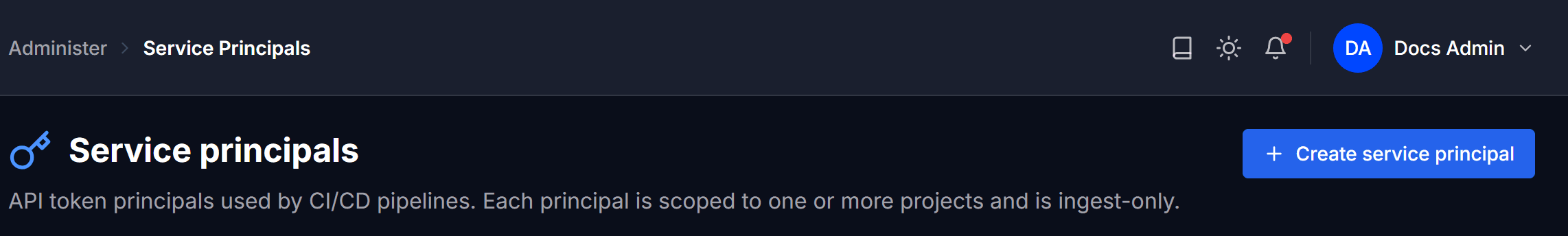 The Service principals page header with the Create service principal button