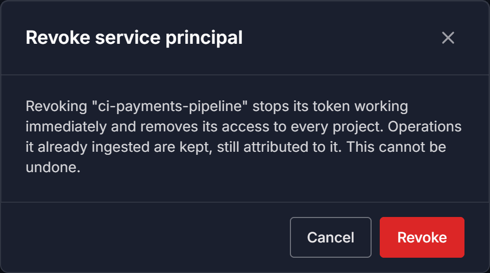 The Revoke service principal confirmation dialog