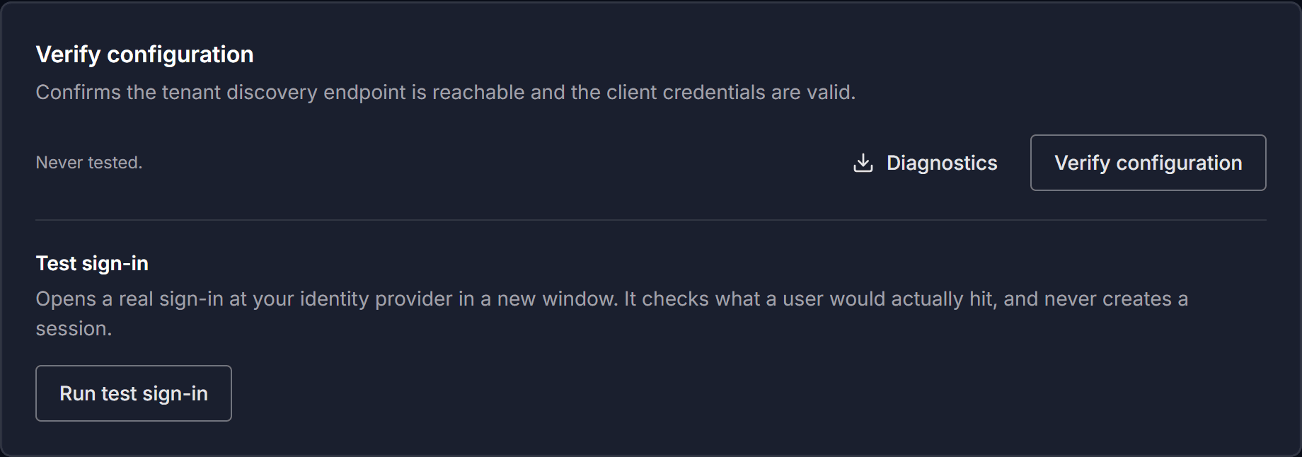 The Verify configuration and Test sign-in controls