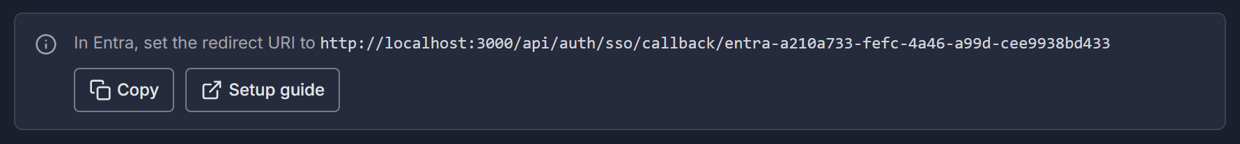The redirect URI to register in Entra, with Copy and Setup guide buttons