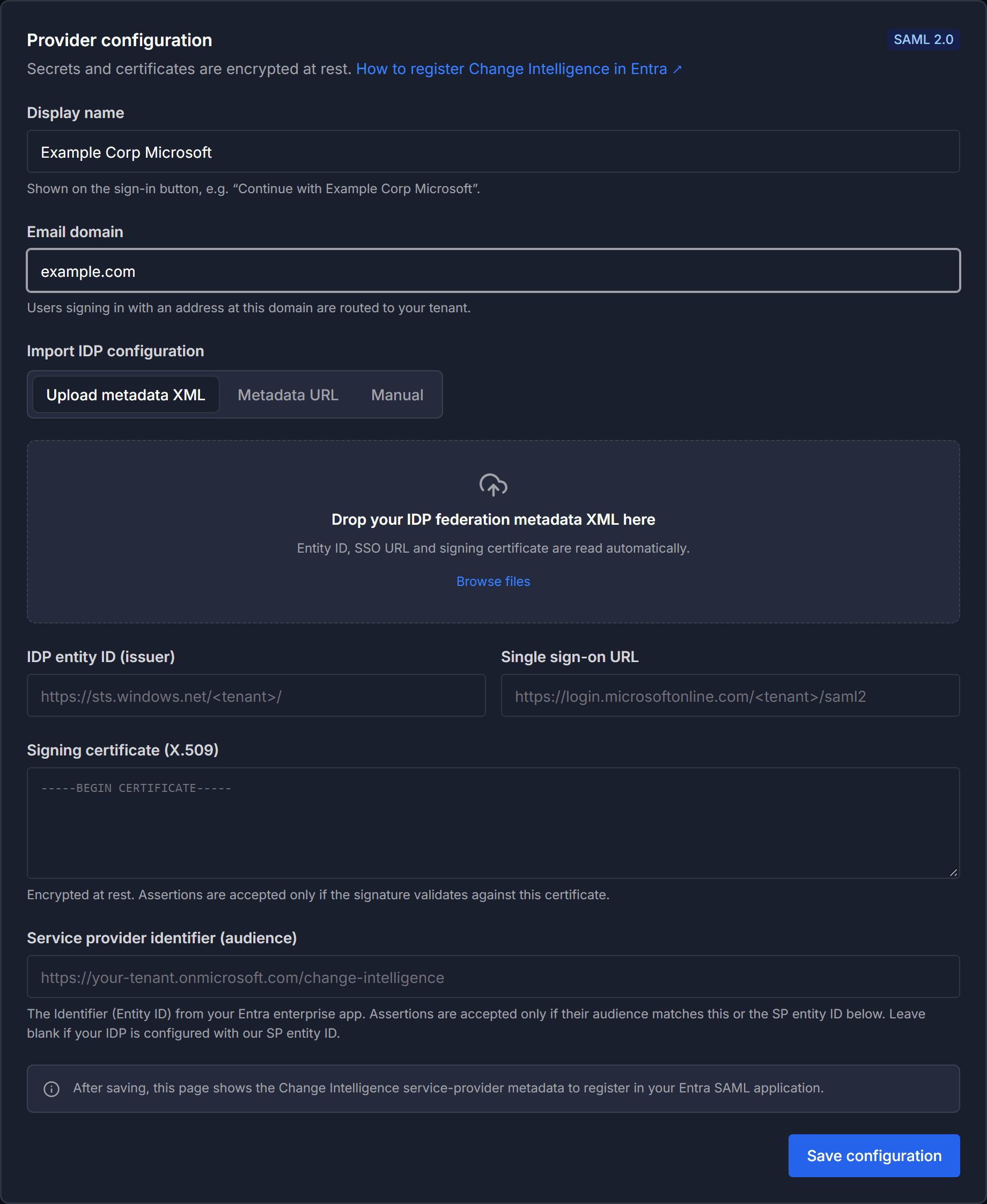 The SAML 2.0 provider configuration form
