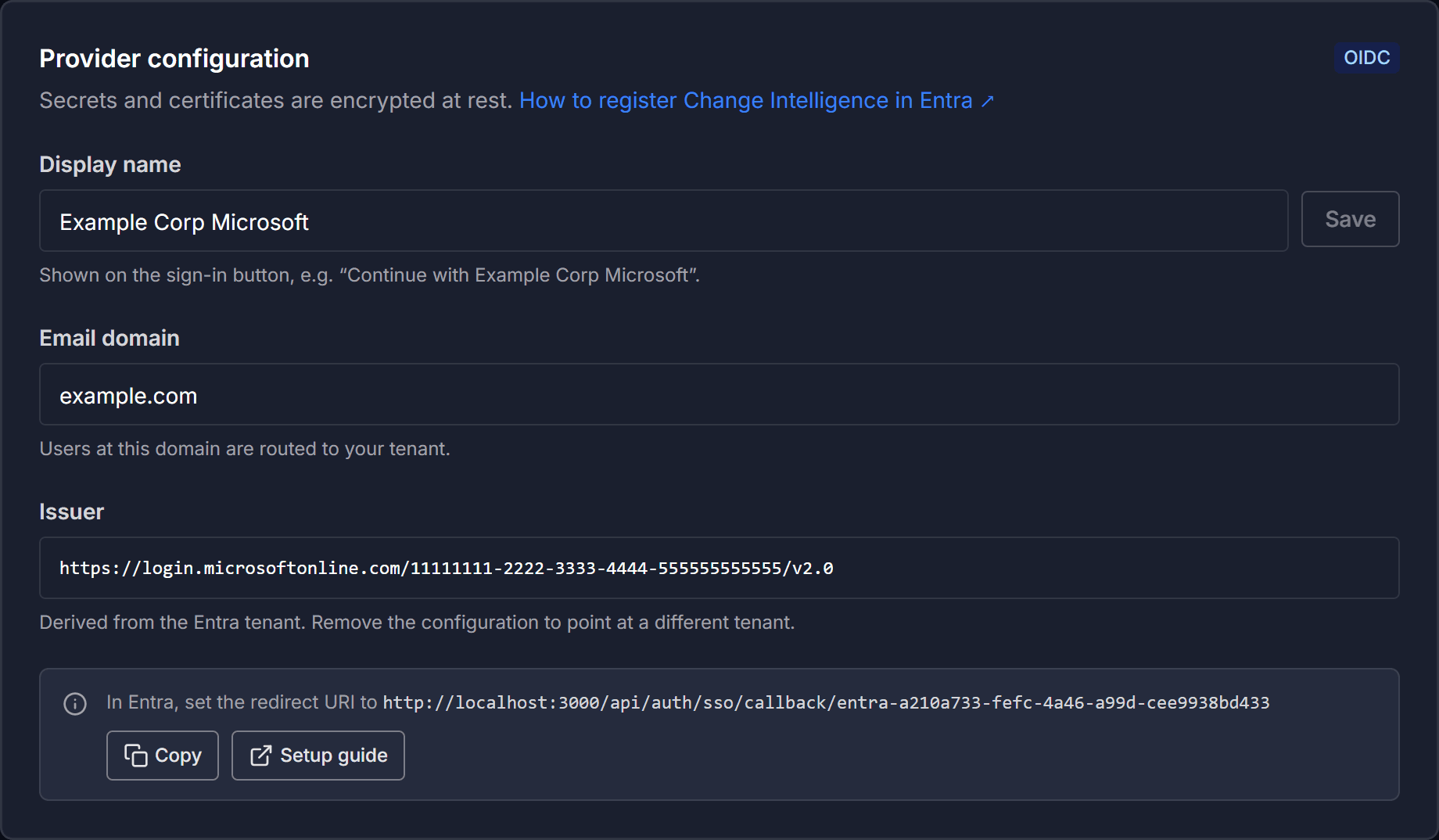 The saved provider configuration with the issuer and redirect URI