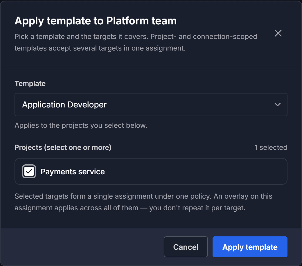 The Apply template dialog with a project list template and one project selected