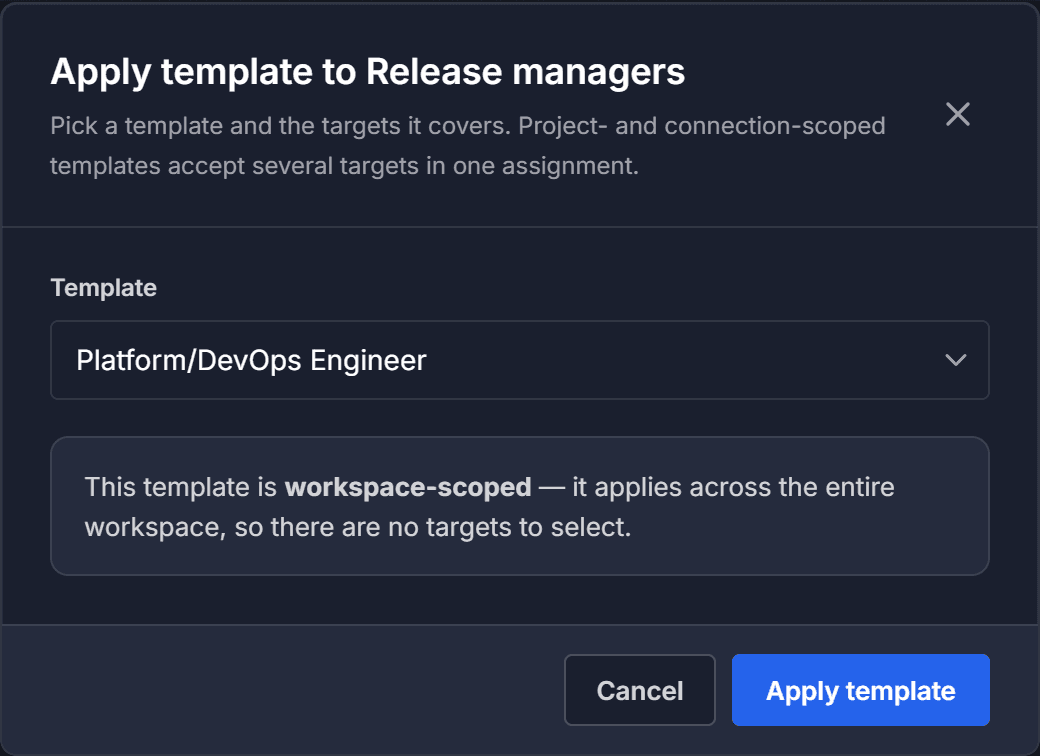 The Apply template dialog with a workspace-scoped template selected