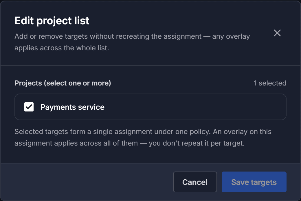 The Edit project list dialog