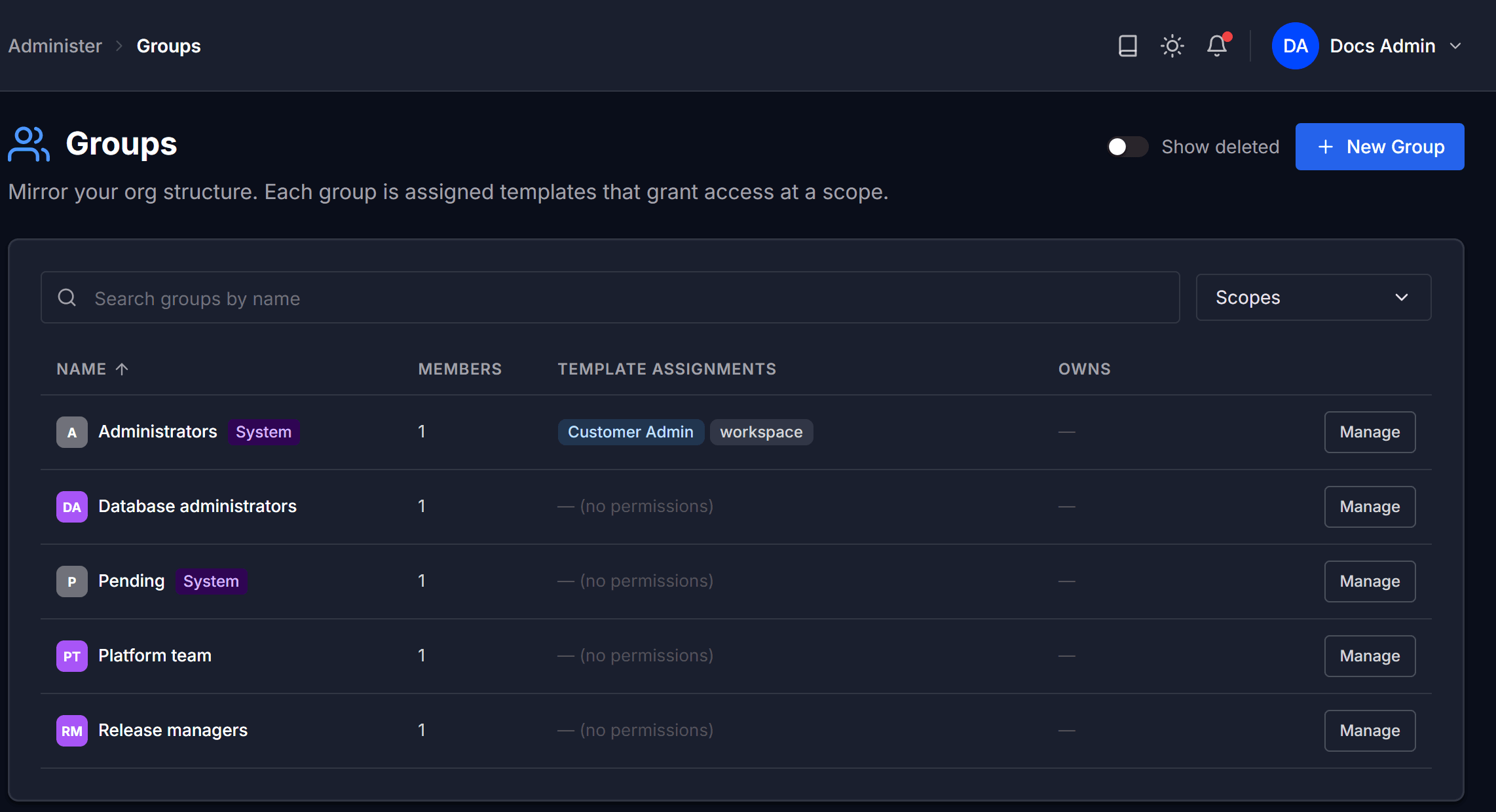 The Groups list with a Manage button on each group