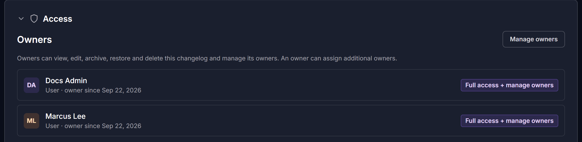 The expanded Access section showing the Owners panel and the Manage owners button