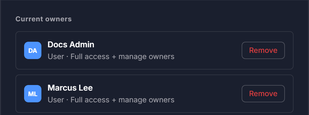 The Current owners list with a Remove button on each owner