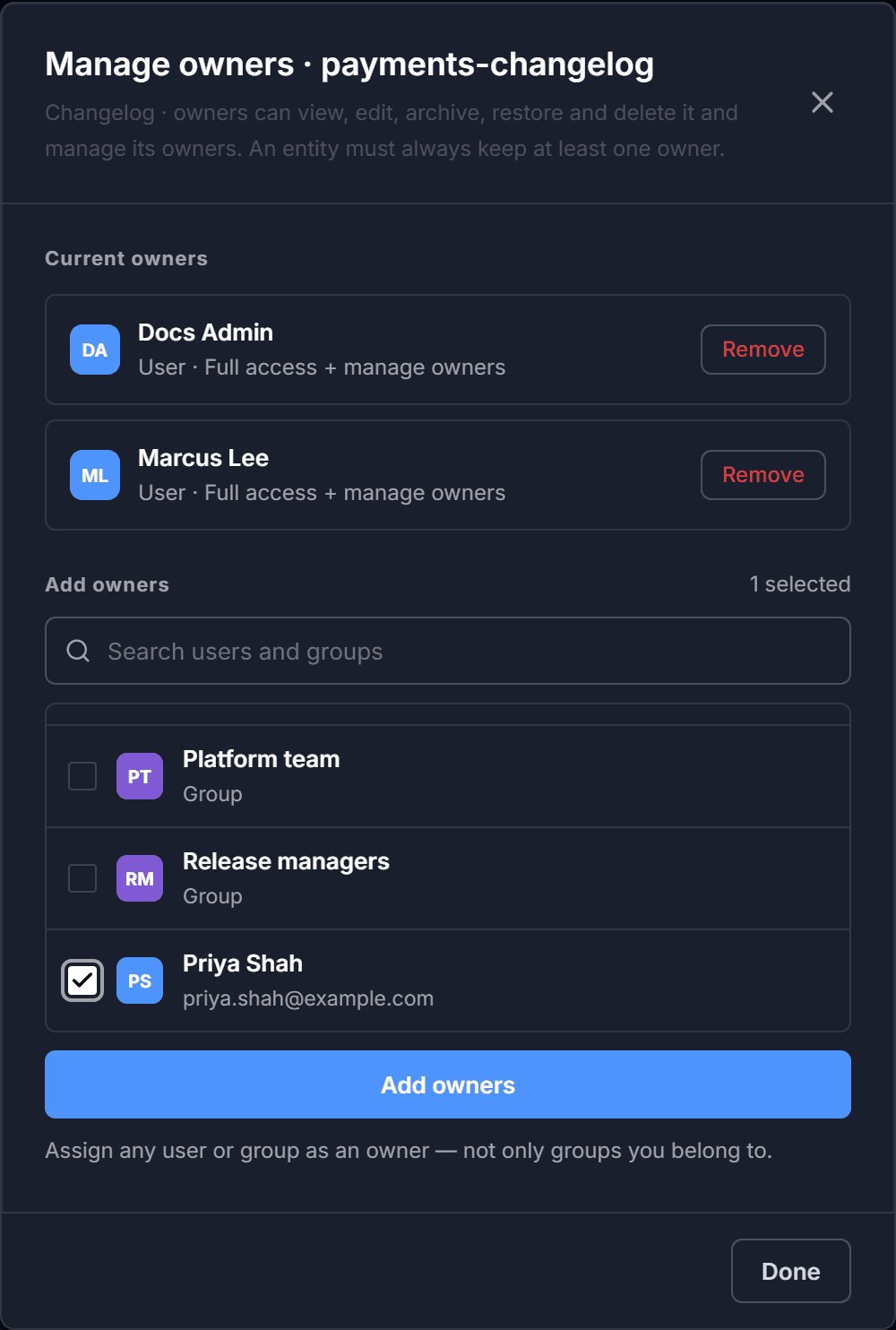 The Manage owners dialog with one user selected under Add owners