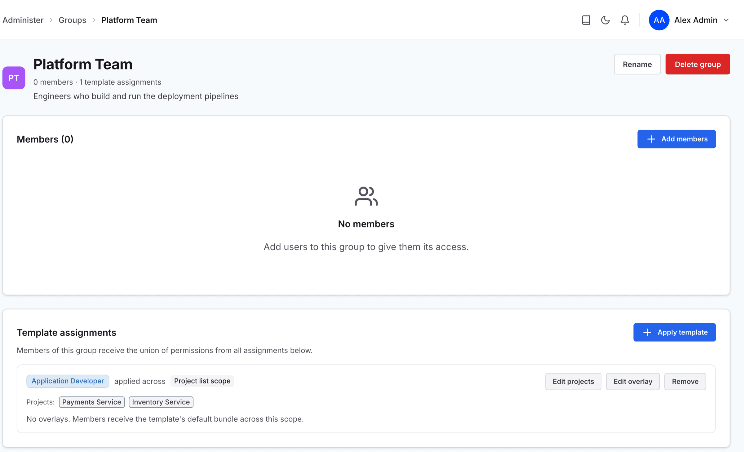 A group's page with its Template assignments section and the Edit overlay button