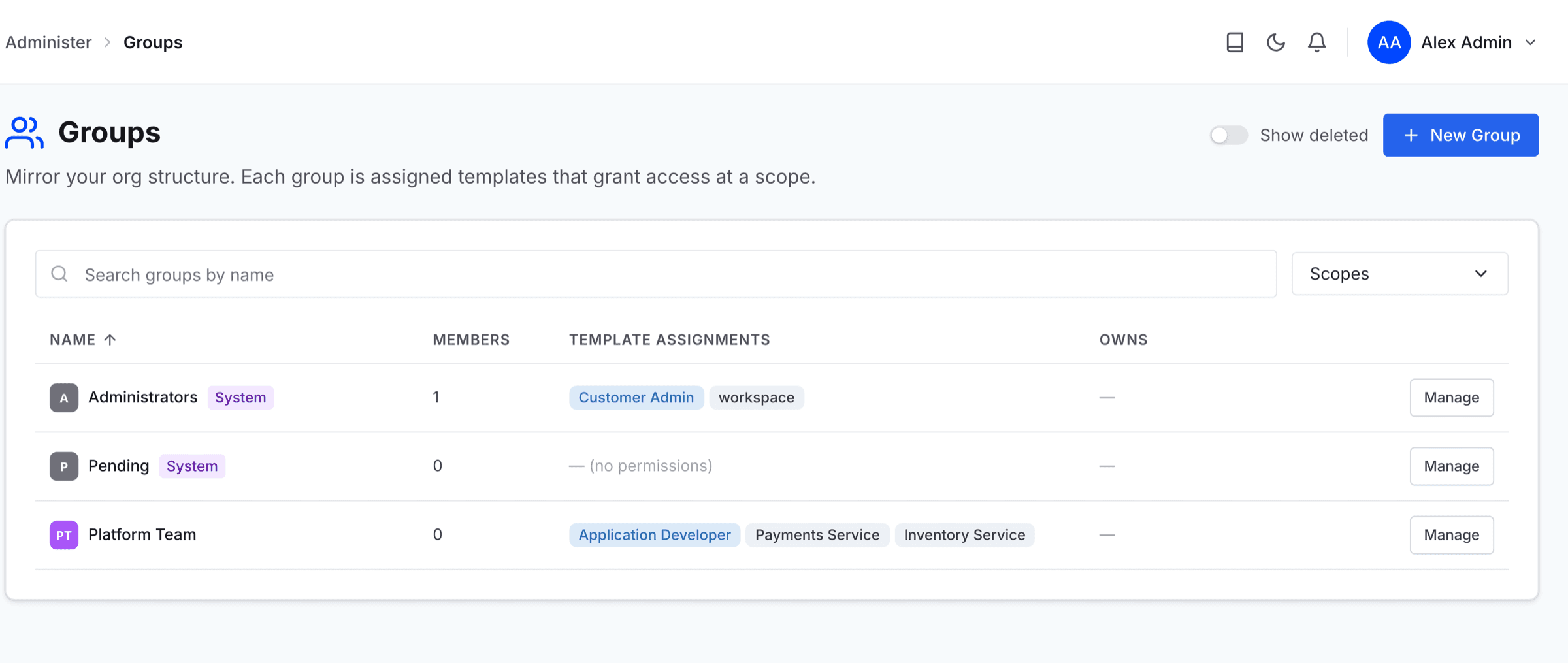 The Groups page listing each group with a Manage button