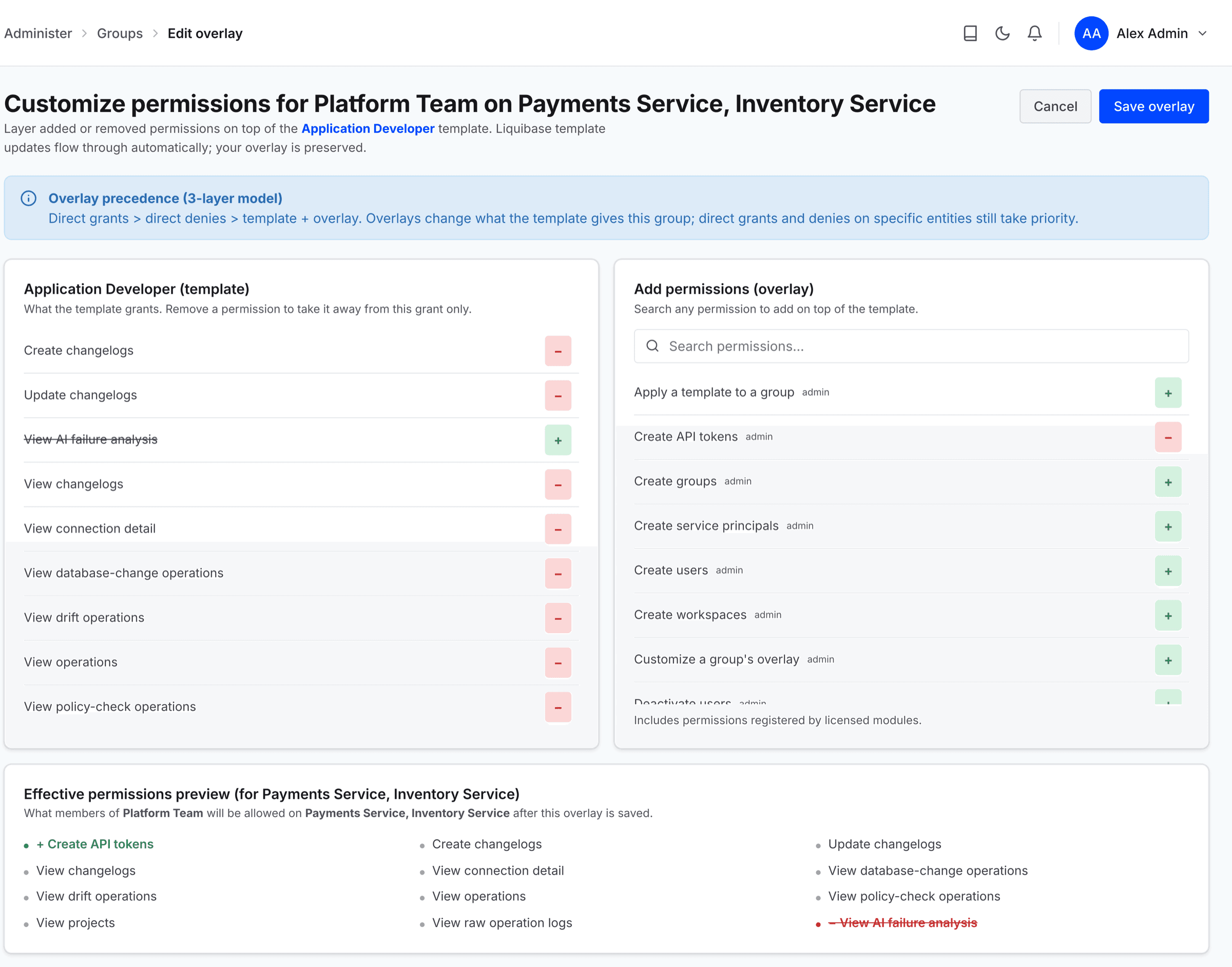 The Customize permissions page with one permission removed, one added, and the effective permissions preview