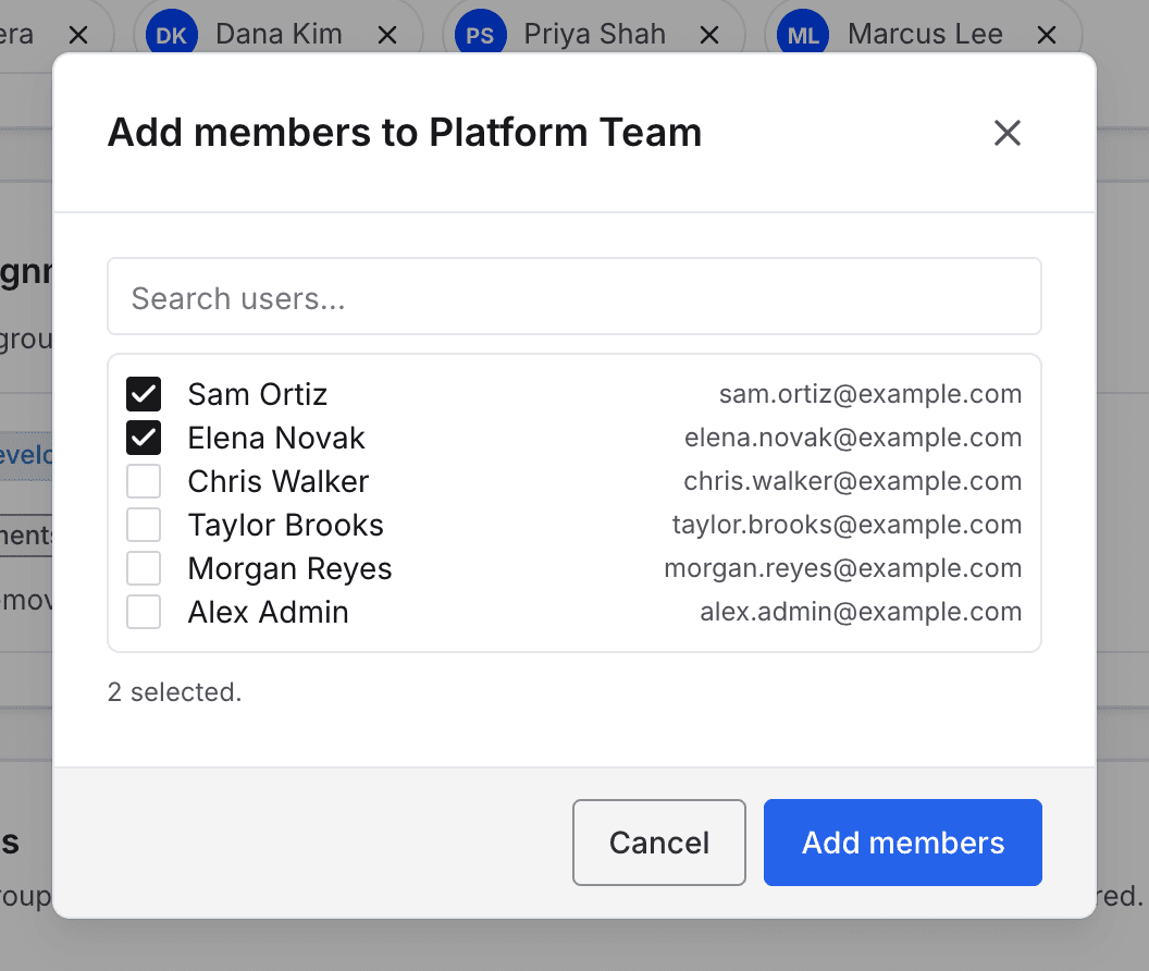 The Add members dialog with two people selected