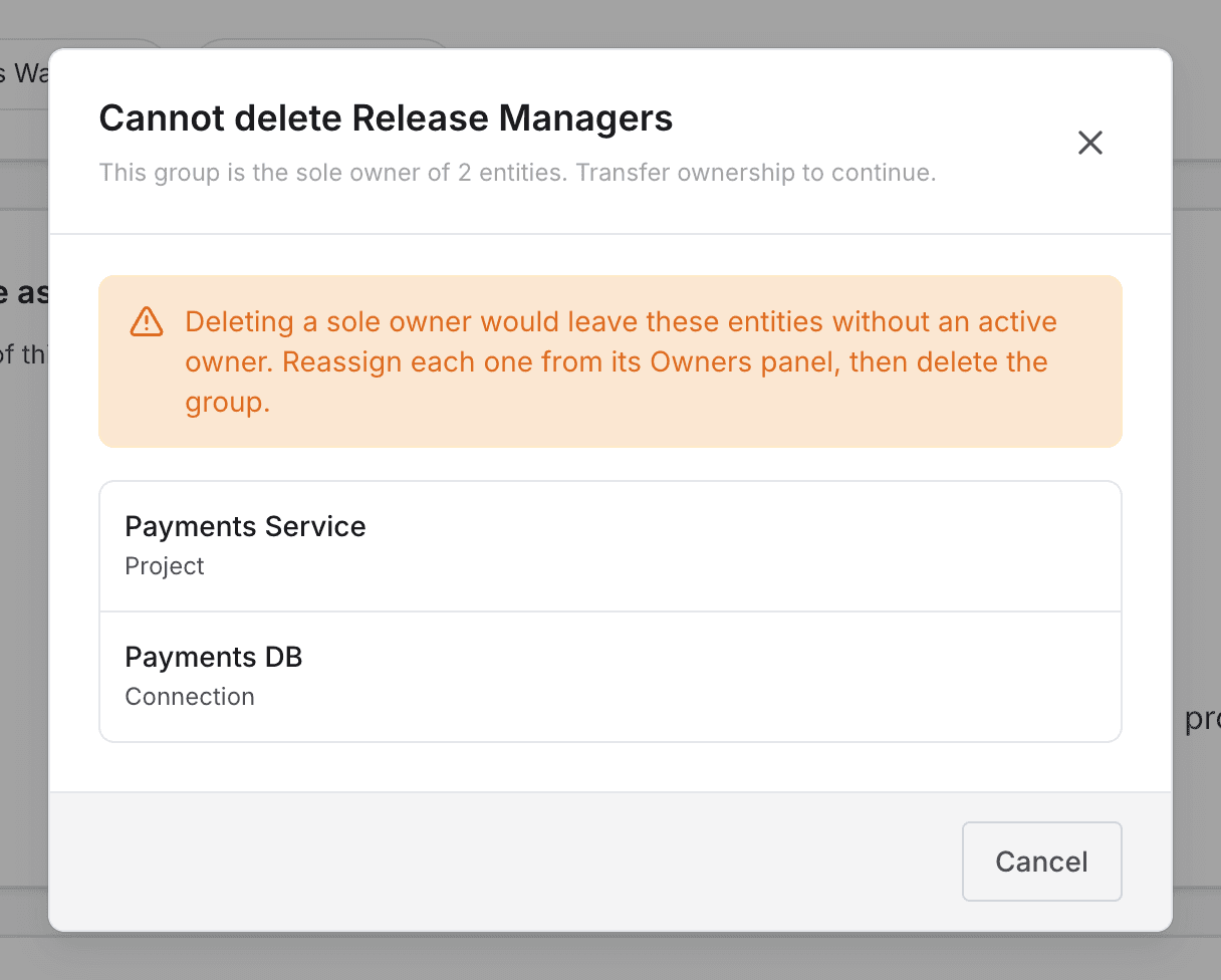 The Cannot delete dialog listing the items the group solely owns