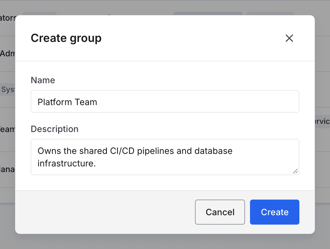 The Create group dialog with a name and description filled in