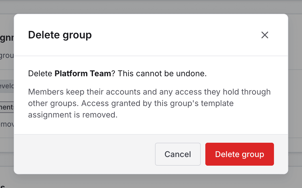 The Delete group confirmation dialog