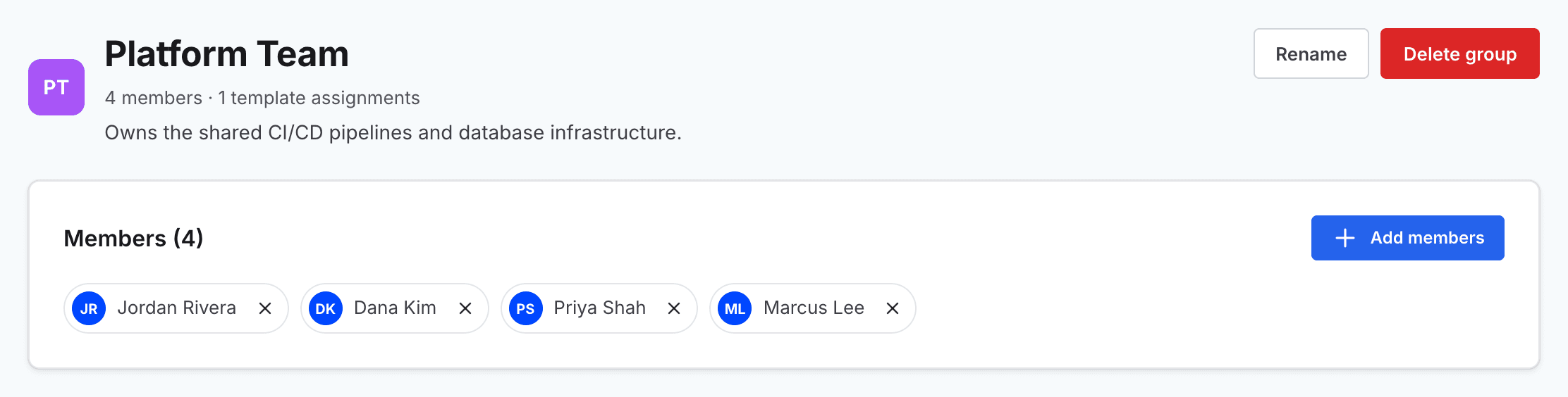 A group's page with the Rename and Delete group buttons and its Members section