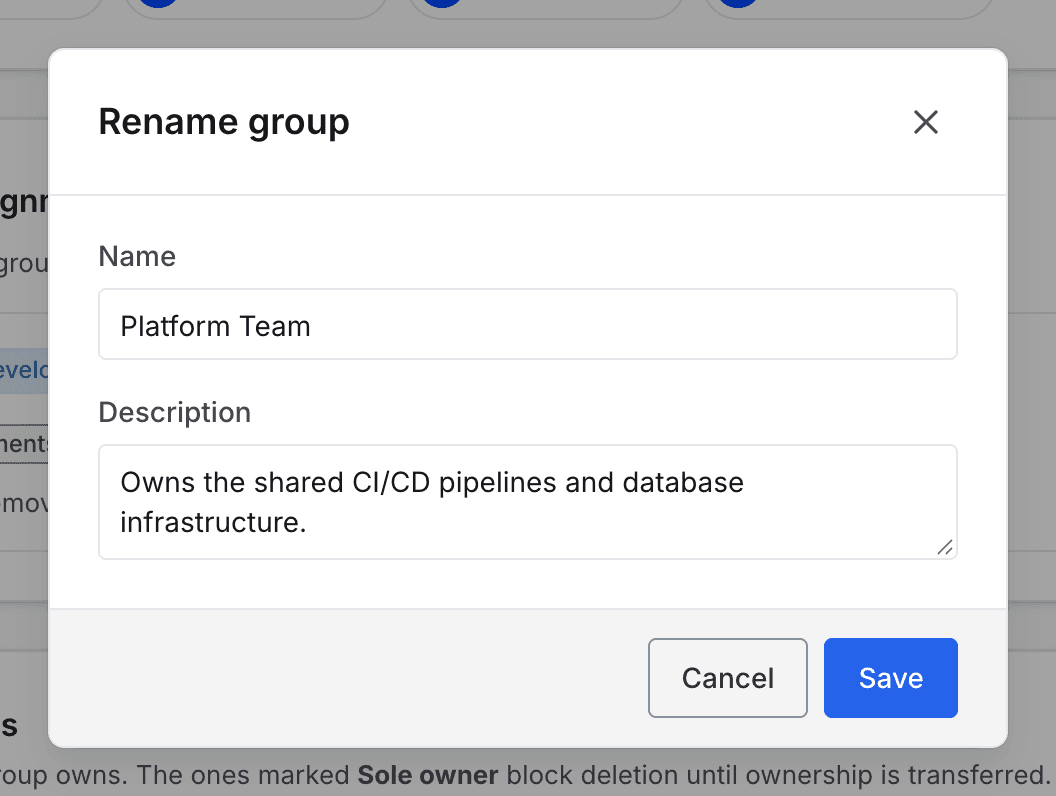 The Rename group dialog filled in with the current name and description