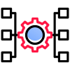 Simplified icon of a gear connected by lines to three cubes on the left and right, representing data